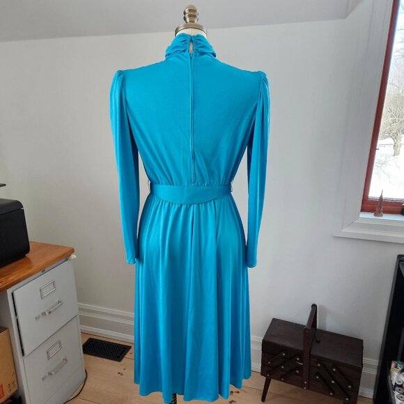 Vintage 70s Teal Draped Cowl Neck Dress - Picture 2 of 4